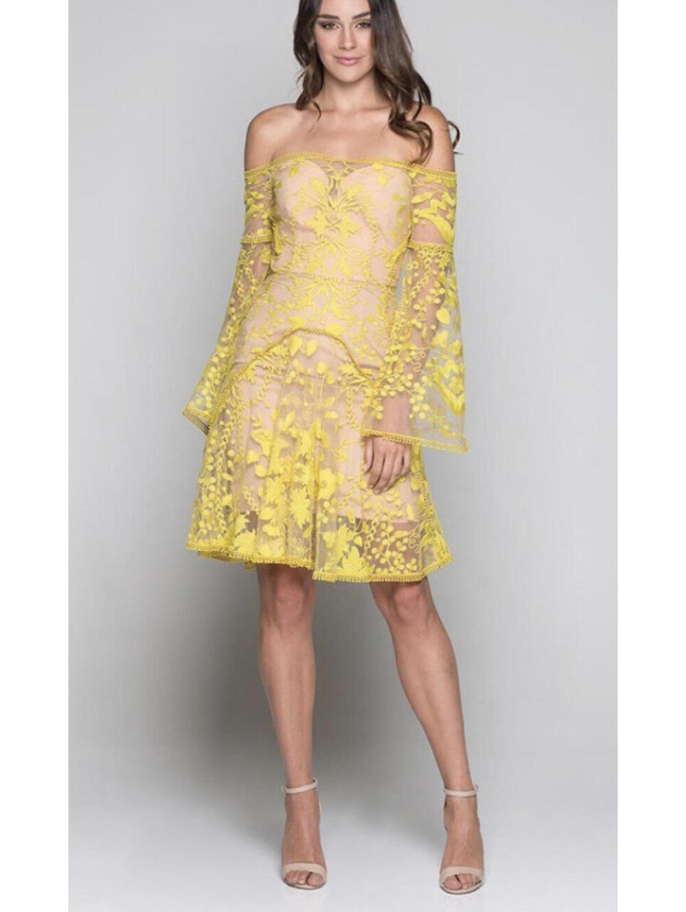 Thurley Marigold Lace Dress AU12 US 8 M Fabulous Sale Off Shoulder Lon Sleeves